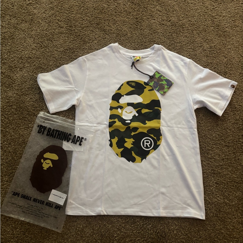 Bape White Tee with Green Camo Ape Logo